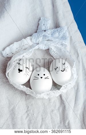 Happy Easter Card. Easter Holiday Concept With Different Funny Faces Handmade Eggs: Bunny And Chick.