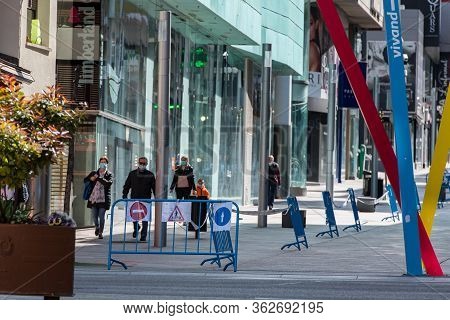 Escaldes Engordany, Andorra : 2020 April 23 : People The Street In Escaldes Engordany All Closed Due