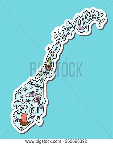 Colored Sticker Of Hand Drawn Doodle Norway Map. Norwegian City Names Lettering And Cartoon Landmark