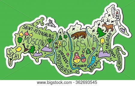 Colored Sticker Of Hand Drawn Doodle Russia Map. Russian City Names Lettering