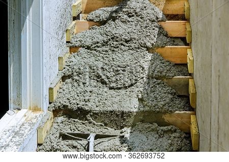 Cement Staircase Formwork Pouring Concrete Structure In Residential House Building Of Construction