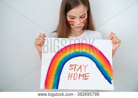 Kid Girl With Blond Hair Drew A Rainbow And A Poster Stay Home. Flashmob Chasetherainbow.