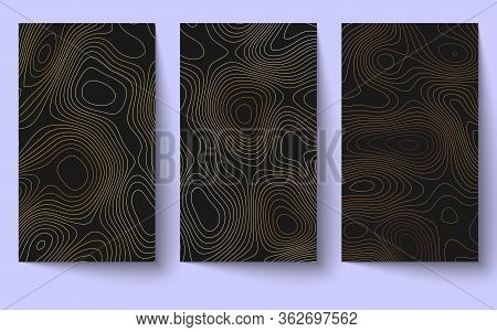 Set Of Topographic Map Vertical Background. Topographical Style Lines Pattern. Abstract Gold Contour