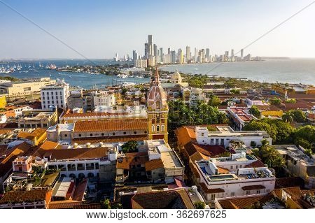 Aerial View Of The Historic City Center Of Cartagena, Colombia. Panorama Of The Old And New Parts Of