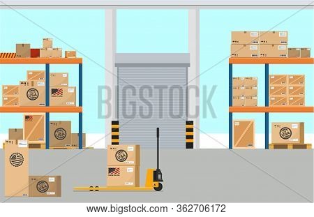 Vector Isometric Icon Set Representing Warehouse Building, Truck, Forklift Loading Goods In Crates