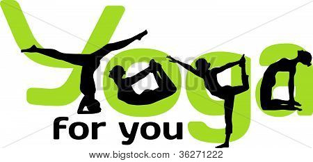 Yoga logotype med silhuetter af holdninger og breve