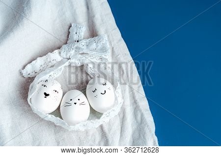 Happy Easter Card. Easter Holiday Concept With Different Funny Faces Handmade Eggs: Bunny And Chick.