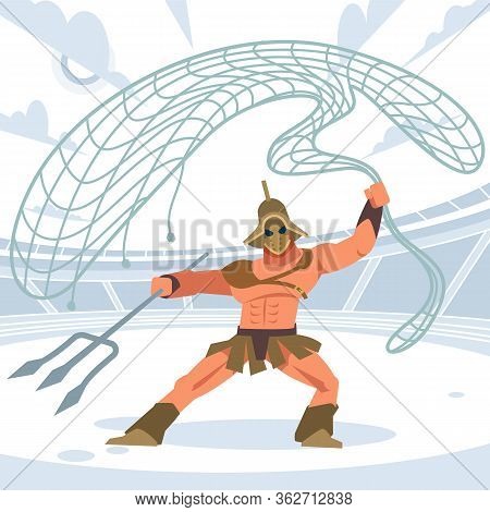 Gladiator Warrior Retiarius In The Arena With A Grid And A Trident. Front View. Vector Isolated Illu