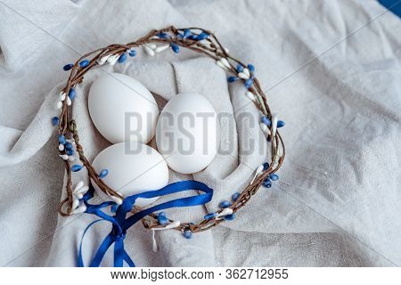 Happy Easter Card. Easter Holiday Concept Handmade Eggs. Background Colored Classic Blue, White Lene