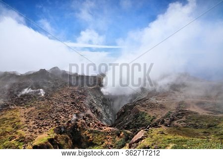 Volcano La Soufriere Crater In Guadeloupe. Natural Landmark Active Volcano.