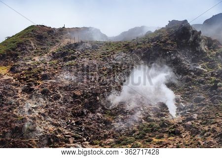 Volcano La Soufriere Crater In Guadeloupe. Natural Landmark Active Volcano.