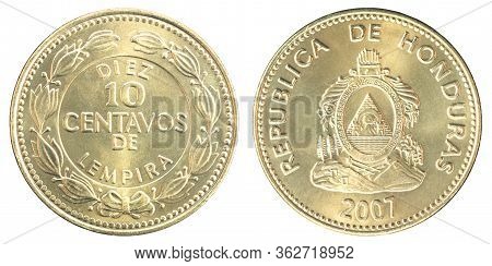 Honduran 10 Centavos Isolated On White Background Close-up
