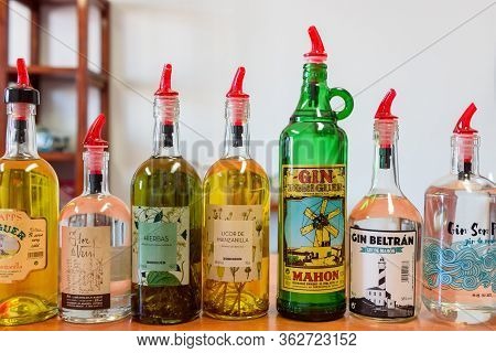 Menorca, Spain - October 16, 2019: A Wide Selection Of Liqueurs And Gin In The Xoriguer Menorca Dist