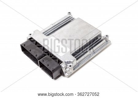 Plastic Car Engine Control Unit With Metal Elements On A White Isolated Background Is The Connecting