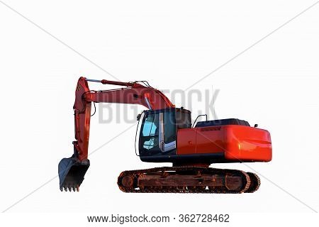 Red Tracked Excavator Isolated On White Background. Isolation Of Backhoe At A Construction Site