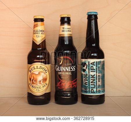 London, Uk - Circa April 2020: Bulldog, Guinness And Punk Ipa Beer Bottles