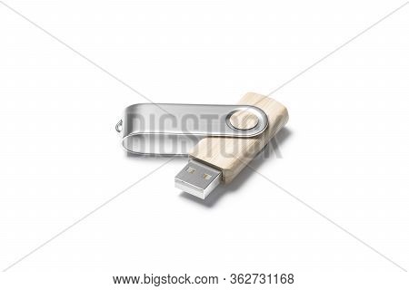 Blank Wood Opened Usb Stick With Silver Cap Mockup, 3d Rendering. Empty Memo Pendrive For Computer C