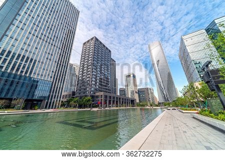 City Square And Modern Buildings, Cityscape Of Ningbo, China.