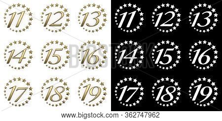 Set Of Numbers From Eleven To Nineteen. Anniversary Celebration Design With A Circle Of Golden Stars