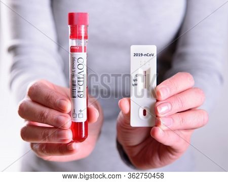 Rapid Covid-19 Coronavirus Strip Test Cassette For Antibody Or Sars-cov-2 Virus Disease In Hands Epi