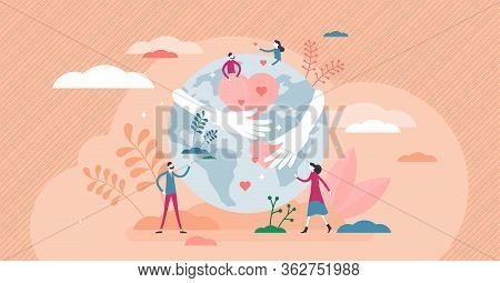 Earth Hug Vector Illustration. Love, Care Planet Flat Tiny Persons Concept. Use Renewable Resources 