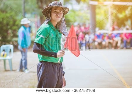 Kanchanaburi Thailand -october 3 : Unidentified Volleyball Linesman Preparing Before The Match On Oc