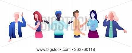 Set Of Six People From Different Nationalities. They Are Talking Or Having A Meeting. Colored Trendy