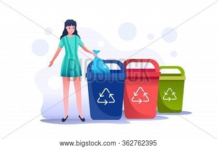 The Girl Throws A Trash Bag To The Right Container. Can Be Recolored To Any Standard. Correct Behavi