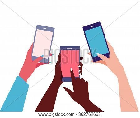 Different Female Nationality Hands Hold Mobile Phones And Their Fingers Are Touching Screens. Modern