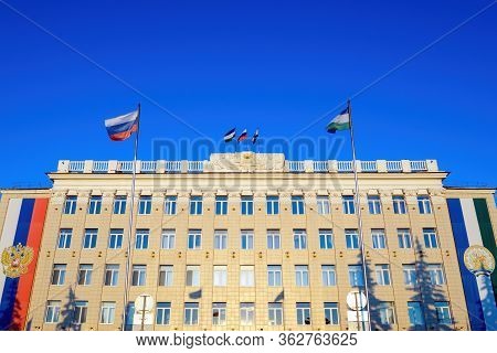 Administration Of City District Of Ufa, Government Office With Flags Of City, Republic Of Bashkortos