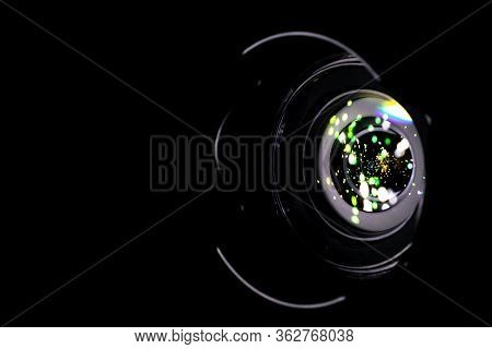 Lense Light. Flare Reflection On Photo, Video Camera On Black Background. Gleams Rounded And Hexagon