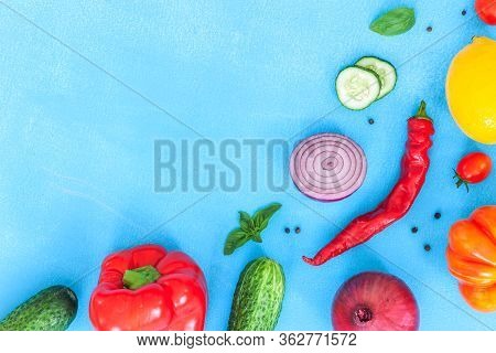 Healthy Food. Assortment Vegetables On Black Lilak Background. Top View. Copy Space. Composition Wit