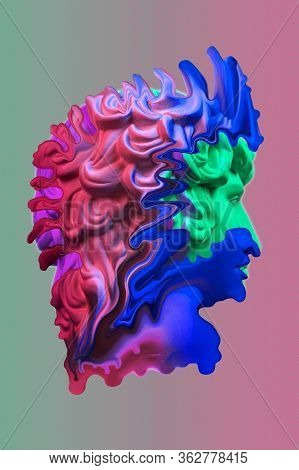 Collage With Plaster Antique Sculpture Of Human Face In A Pop Art Style. Creative Concept Colorful N