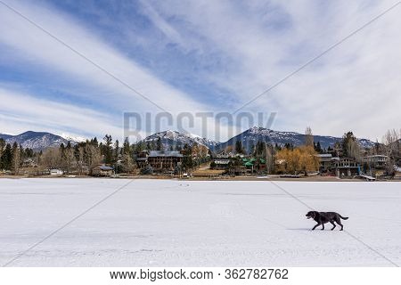 Invermere, Canada - March 17, 2020: Frozen Windermere Lake And Rocky Mountains In British Columbia C