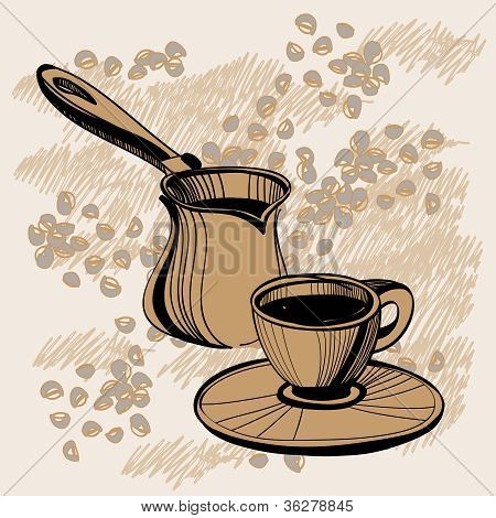 Luonnos Turkin Cezve ja kuppi kahvia pavut