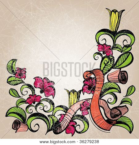 Abstrakti kukka Retro-koriste, jossa kukkia ja nauhat Grunge Effect. Eps10