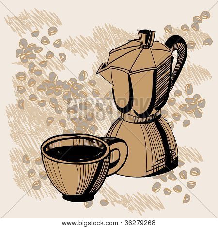 Luonnos Mokka kahvinkeitin ja kuppi kahvia pavut