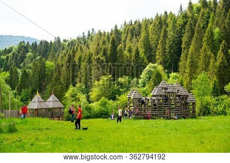 Urich Village,  Lviv Region, Ukraine, May 26, 2019, Museum Tustan Fortress, Truskavets,
