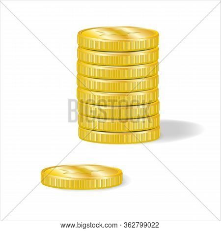A Stack Of Eight Gold Coins And One Coin Lying Side By Side Isolated On A White Background. Metal Mo