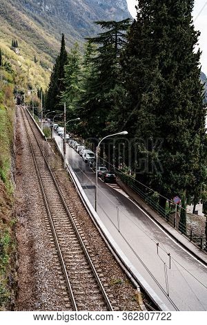 Railroad Rails On Lake Como In Italy, Near The City Of Varena