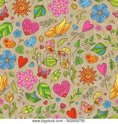 Cartoon Spring Seamless Pattern Of Doodles Flowers, Butterflies And Leaves On Brown Backdrop. Cute C