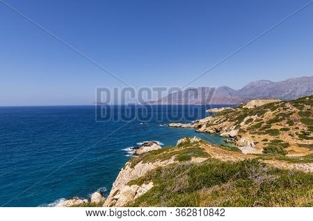 Panoramic View Of A Sea And Islands From The Top Of The Mountain, On The Island Of Crete, Greece.
