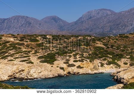 Panoramic View Of A Sea And Islands From The Top Of The Mountain, On The Island Of Crete, Greece.