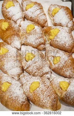 Tasty Croissants With Cream. Cream Croissant. Cornetto Soft And Sweet Cream. Cream Brioche