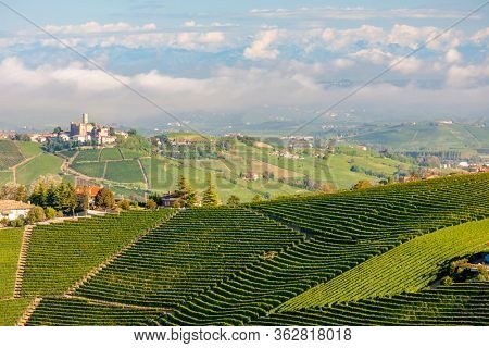 View of the village of Serralunga d`Alba and the wonderful Langa, italy