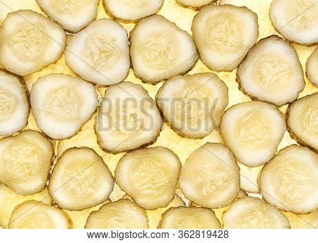 Pickled Cucumber Background Close-up.top View. Tasty Pickled Cucumber As Background, Pickled Cucumbe