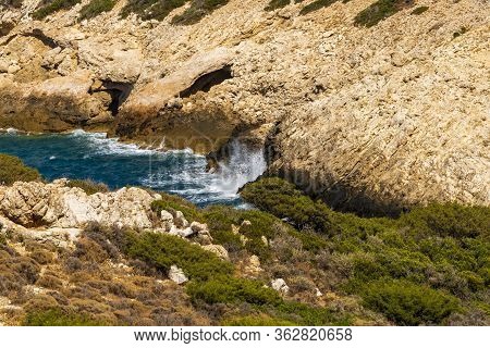 Panoramic View Of A Sea And Islands From The Top Of The Mountain, On The Island Of Crete, Greece.