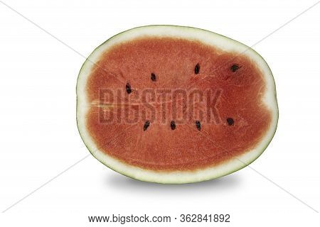 Cut Lengthwise A Half Of Organic Watermelon On White Isolated Background With Clipping Path. Ripe Re