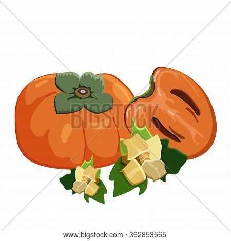 Set Of Persimmons Fruit On White Background. Ripe Fresh Juice Persimmon, Sliced Fruit And Persimmons