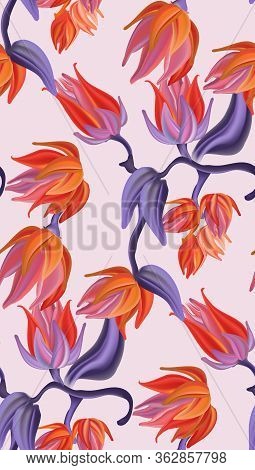 Flower Botanical Pattern, Contrast Orange Violet Nature Bloom Background. Spring Elegan Watercolor G